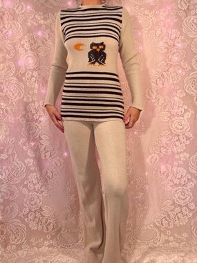 Vintage Owl and moon striped knit sweater set